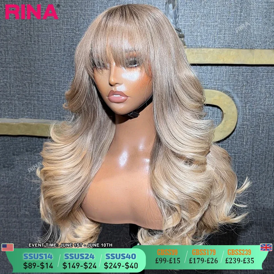 

Ombre Ash Blonde With Bang Color 180 Density 13X6 13x4 Wigs Transparent Lace Hair Frontal Pre Plucked Human Hair For Women