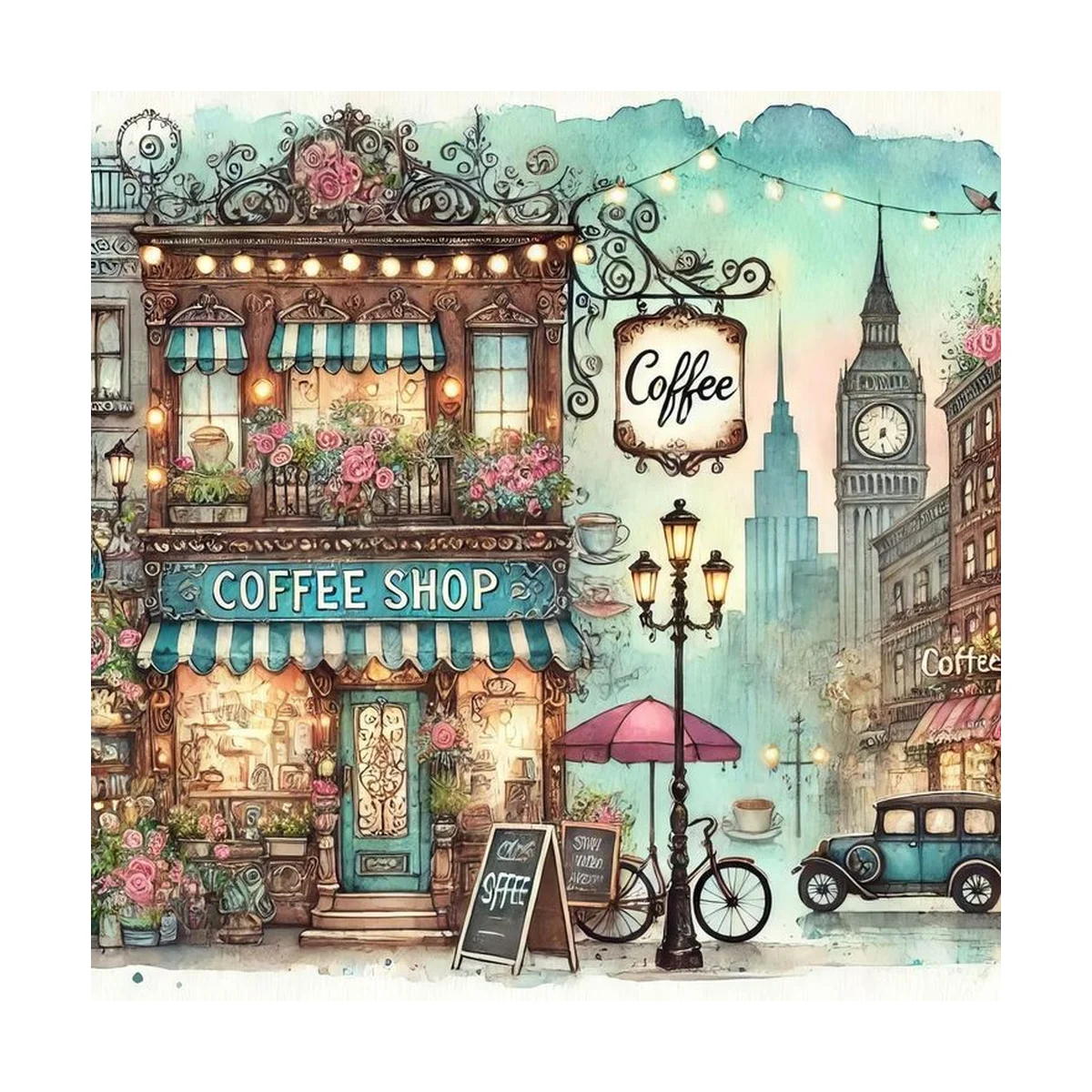 1 Stück 40x40 cm/15,74 Zoll, 11Ct/14Ct Kreuzstich-Set, DIY Valentinstagsgeschenk, Stickerei-Set für Festivals, London Coffee Shop – Detail 3