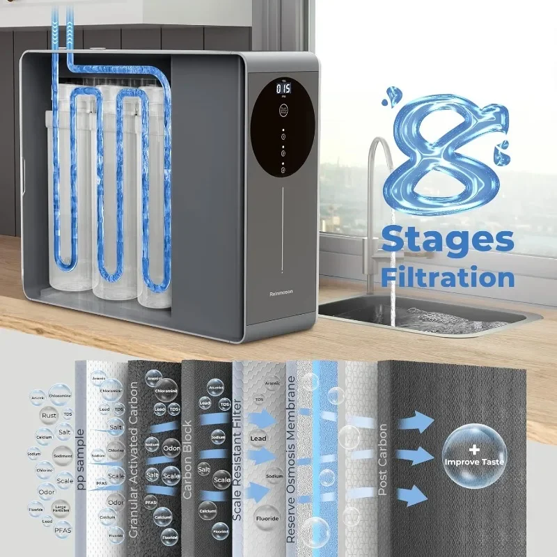 Sistema de ósmosis inversa sin tanque de 8 etapas, sistema de filtro de agua bajo el fregadero, Osmosis inversa, NSF, certificado TDS, reducción de 500GPD RO