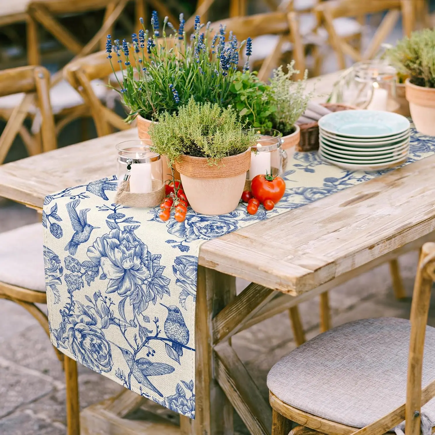 Caminos de mesa de lino blanco y azul, camino de mesa Retro monocromático con boceto de pájaro y flor, decoración de mesa de comedor para cocina,