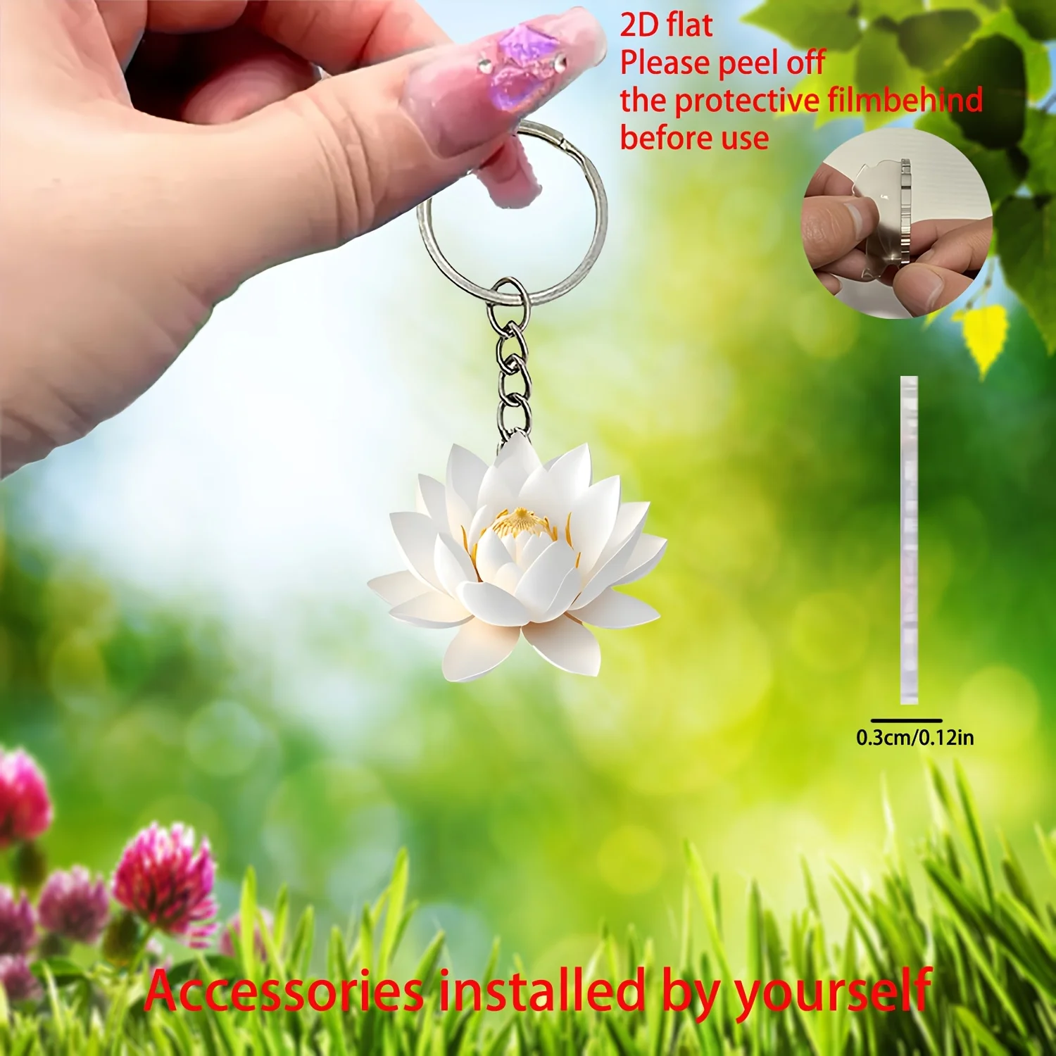 Porte-clés Lotus blanc 2D, pendentif élégant, ornement plat suspendu en acrylique pour cadeau, sac à dos, clés de voiture, décoration de maison, fête