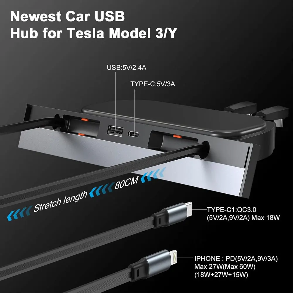 Retractable Center Console USB Hub for Tesla Model 3 Model Y Interior Accessories Central Control Docking Station Fast Charging