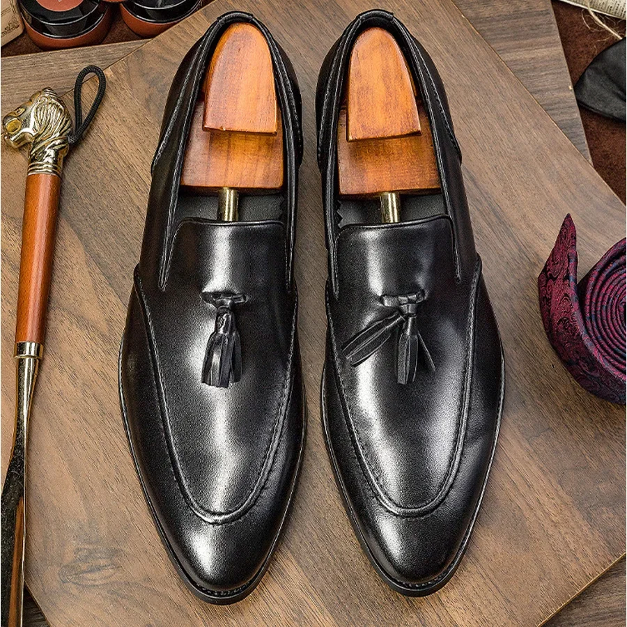 British Style Gentlemen Party Wedding Tassel Loafers Formal Shoes Genuine Leather Slip-on Black Brown Evening Suit Shoes for Men