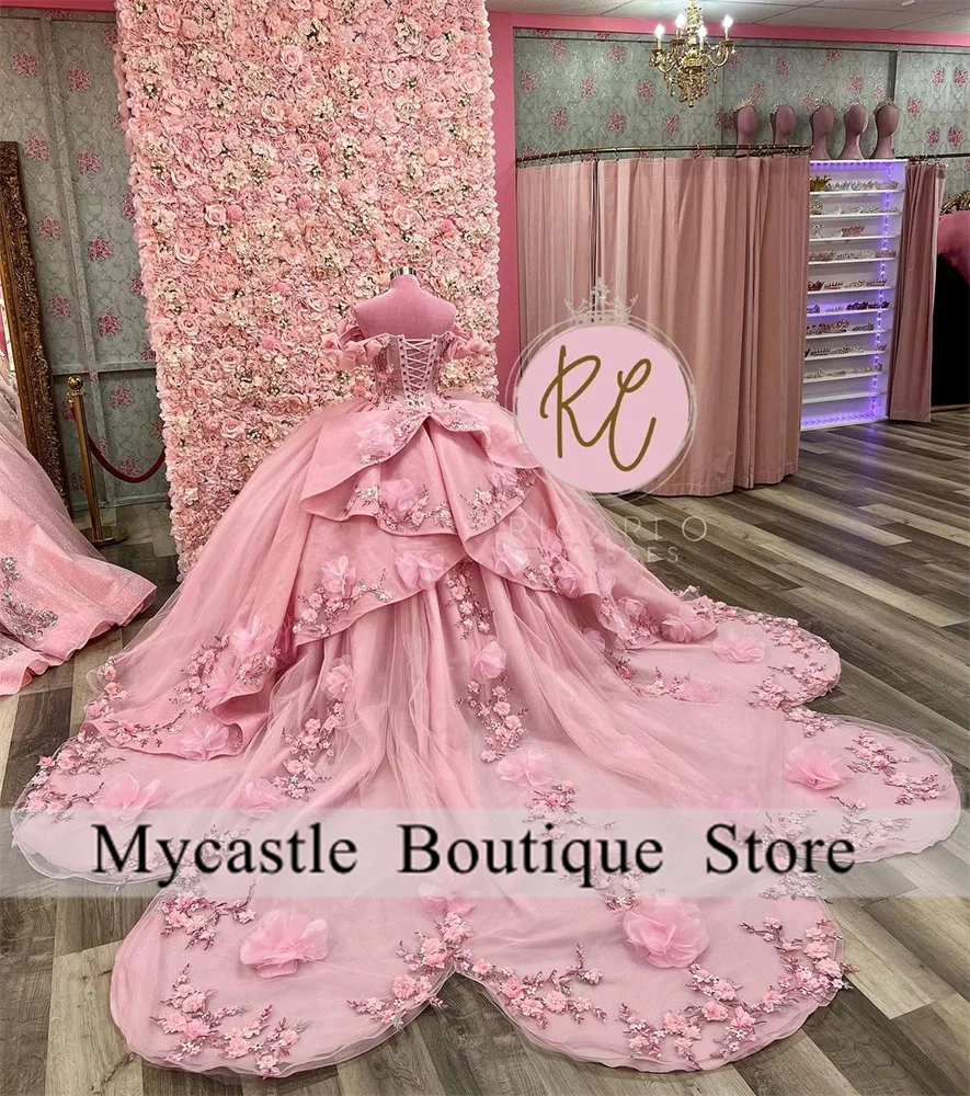 Robes de Quinceanera princesse brillantes roses, appliques de perles, robe de soirée à fleurs en dentelle, robe Sweet 16, luxe, 2024