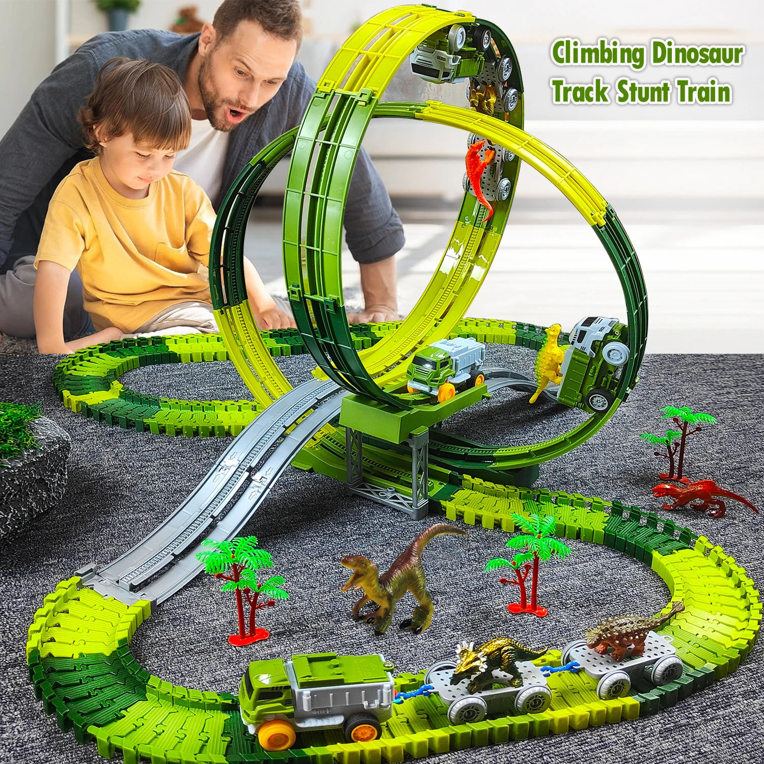 Magic Climbing Track train,Create A Dinosaur World Road Race Tracks, Flexible Track Playset for 3 4 5 6 Year Old Boys Girls Gift