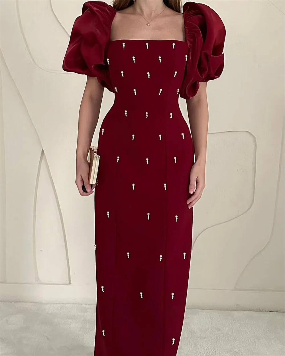 Mila-vestido de fiesta con cuello cuadrado rojo y flores, vestidos de noche lujosos personalizados de manga corta hasta el tobillo, vestidos de fiesta