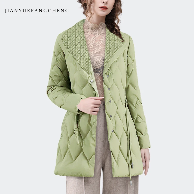 Womens Winter Light Green Down Jacket Long Sleeve Lapel Collar Warm Thicken Parkas Vintage Loose Casual Female Trench Coats