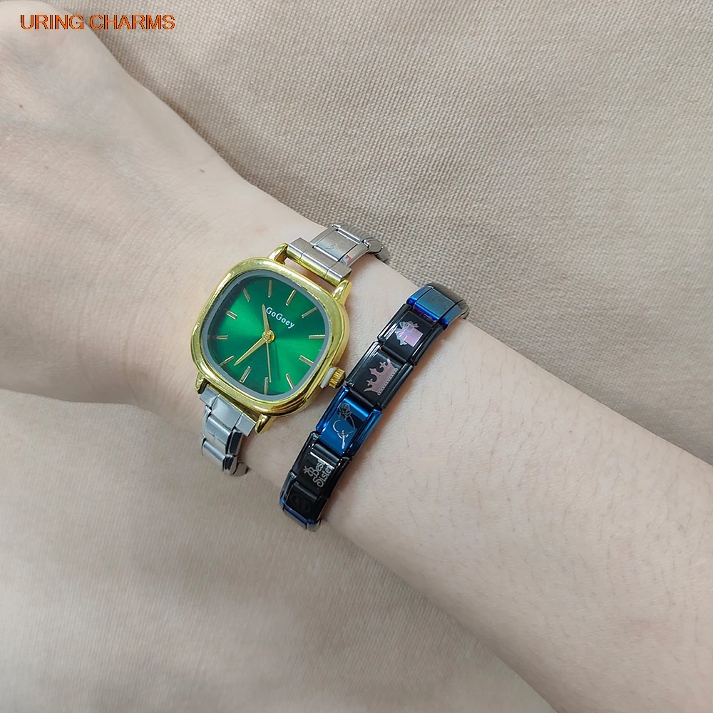 

URING оптовая продажа квадратные зеленые серебряные кварцевые часы из нержавеющей стали ширина ремешка 9 мм модные наручные часы пара вечерние подарки