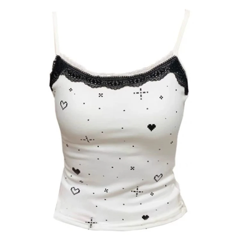 

Retro Lace Splicing Love Printed Suspender Vest for Women's Summer Slim Short Top