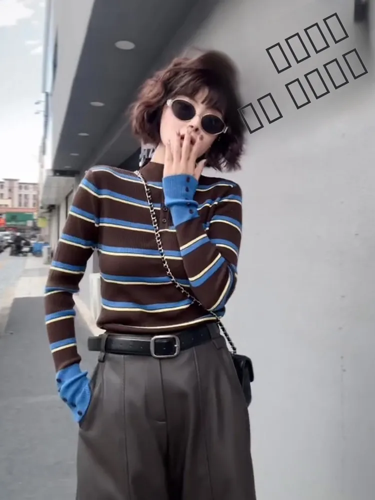 

Caramel Striped High Neck Long Sleeve Women's T-Shirt Base Shirt Autumn Winter Soft Cozy Sweater Korean Style Inner Wear Eleg...
