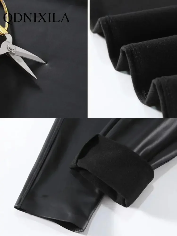 秋冬黒ハイウエストタイツストレッチソフト薄型フリースレギンス女性のためのパンツセクシーな痩身 Pu レザーレギンス女性