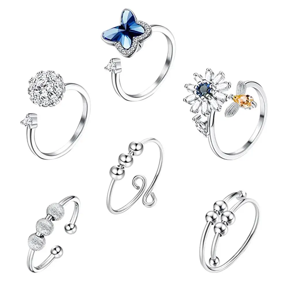 

6 Pcs Rotating Ring Set Fidget Rings for Women Adjustable Decor Girls Kids Punk