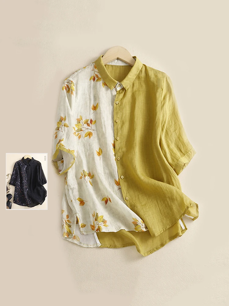 

Retro Artistic Flax Svel irt Summer Large Size Women's Clothing Color Blo Print Collar Personali Linen Top Thin