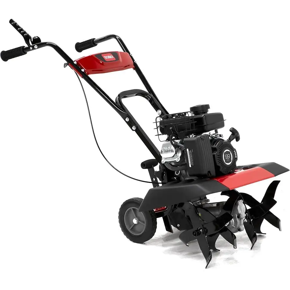 Compact Front Tine Tiller 99cc Gas Powered 4-Cycle Engine Adjustable Tilling Width 11 inch Max Tilling Depth Removable Side