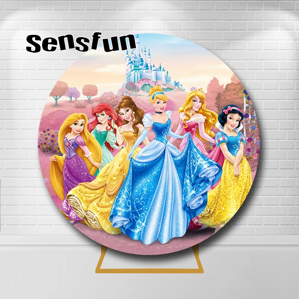 

Princess Girls Birthday Party Round Backdrop Cover For Photography Castle Cinderella Ariel Belle Cartoon Background Decoration