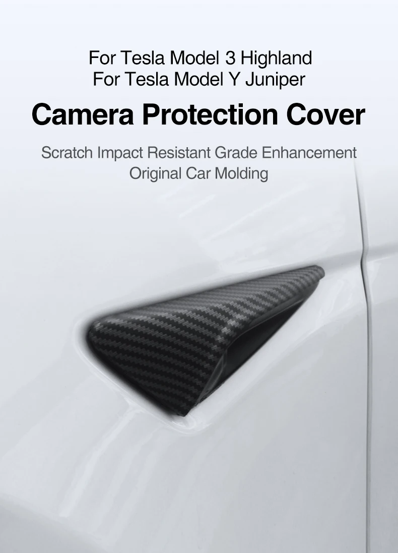Heenvn 2 Stück ABS Carbon-Muster Seitenkamera-Abdeckung für Tesla Model Y Juniper Model 3 Highland Model YL 2025 2026 Leaf Board Cover – Detail 1