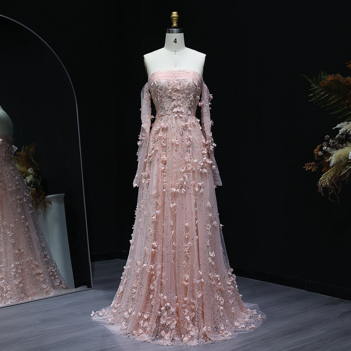 Sharon Said Elegant Blush Pink 3D Flowers Strapless Evening Dress with Long Sleeves Arabic Women Wedding Party SS344 Customized image 2
