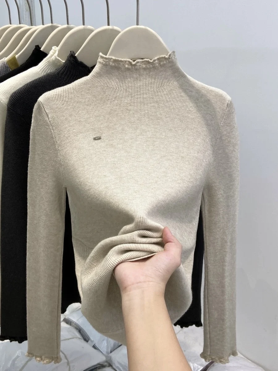 

Slim Fit Half High Neck Knitted Base Shirt Soft Cozy Inner Wear Spring Autumn New Style Embellished Collar Korean Style Sweat...
