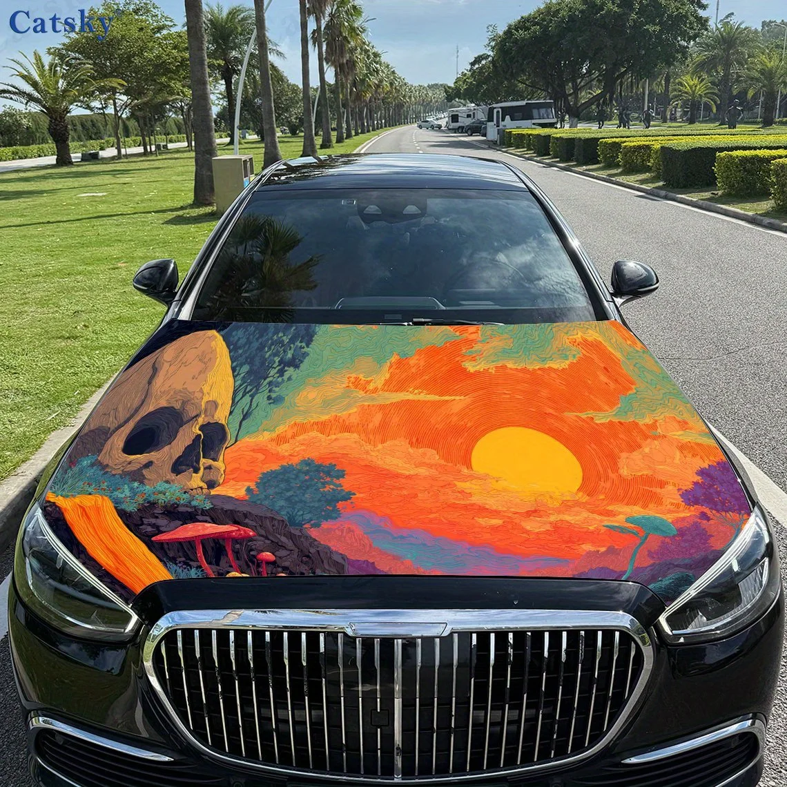 طباعة شلال جمجمة، ملصقات غطاء محرك السيارة، ملصق غطاء محرك السيارة ذاتي اللصق PVC مقاوم للماء، ملصقات حماية تزيين غطاء السيارة، AU #1