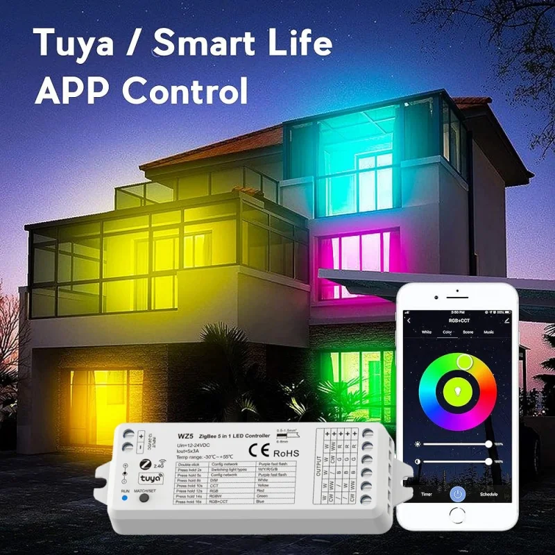 Tuya Zigbee WZ5 LED Controller DC12V 24V Dimmer for RGBCCT RGB RGBW Strip Wall Mounted Touch Panel TW5 Wireless Remote RT5 RT10