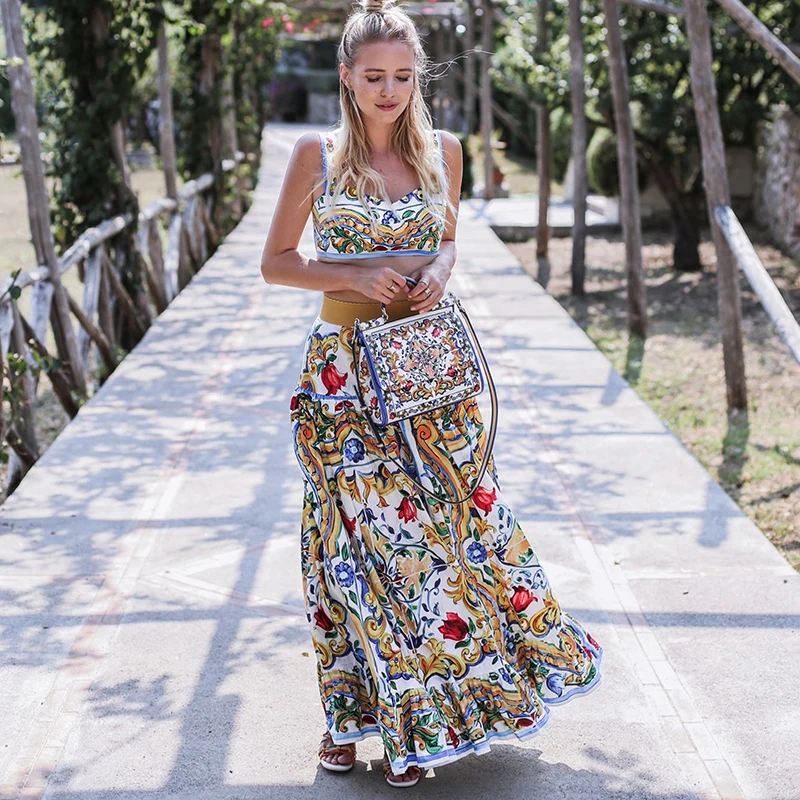 Plus Size Women Boho Dress Two Piece Set Floral Long Maxi Dress Casual Loose Vintage Print Pad Crop Top Summer Beach Dress 2022