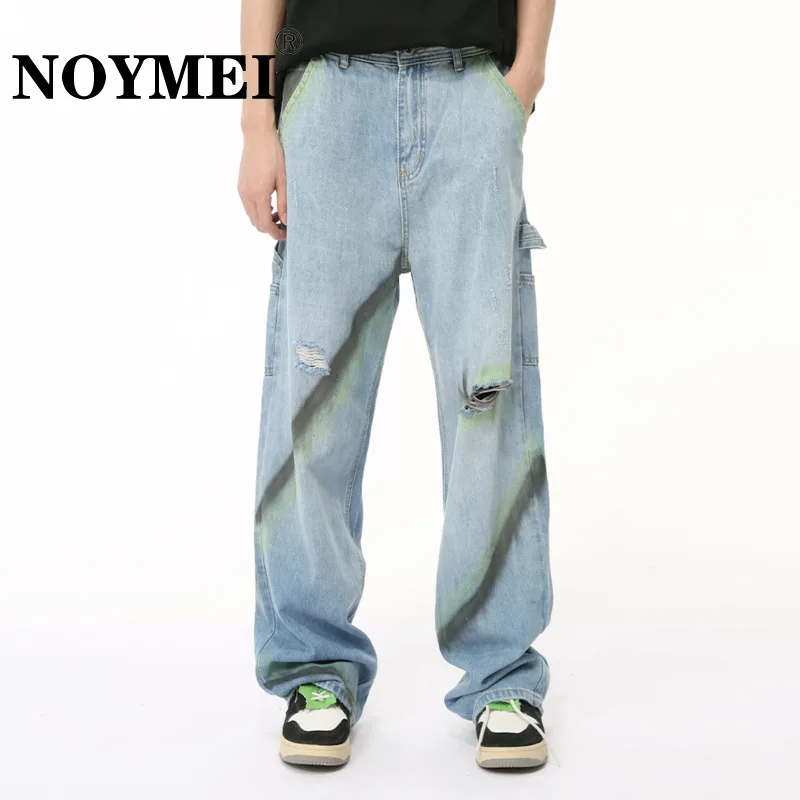 NOYMEI Summer New 2024 Men's Jeans Casual High Waist Hole Graffiti Contrasting Colors Loose All-match Wide Leg Pants WA5366