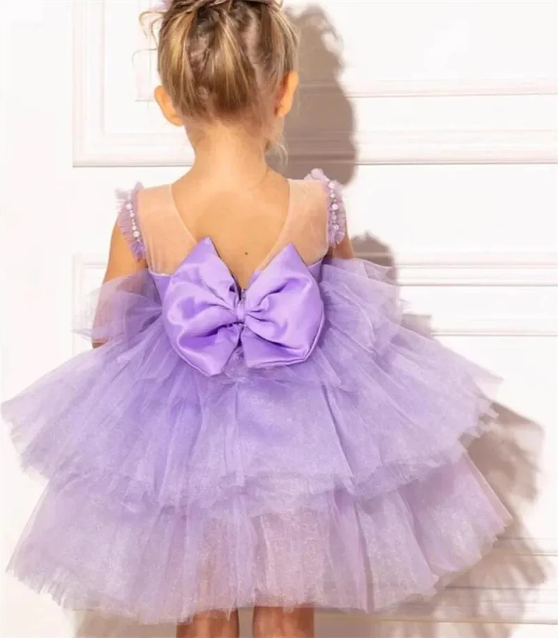 

Customized Purple Flower Girl Dresses for Wedding Pearls Knee Length Luxury Photo Shoot First Communion Ball Princess PartyGown