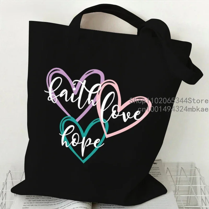 Faith Printed Heart Graphics Women Canvas Shoulder Tote Bag Casual Fashion Shopping Cases Bag Storage Handbag Christian Gifts