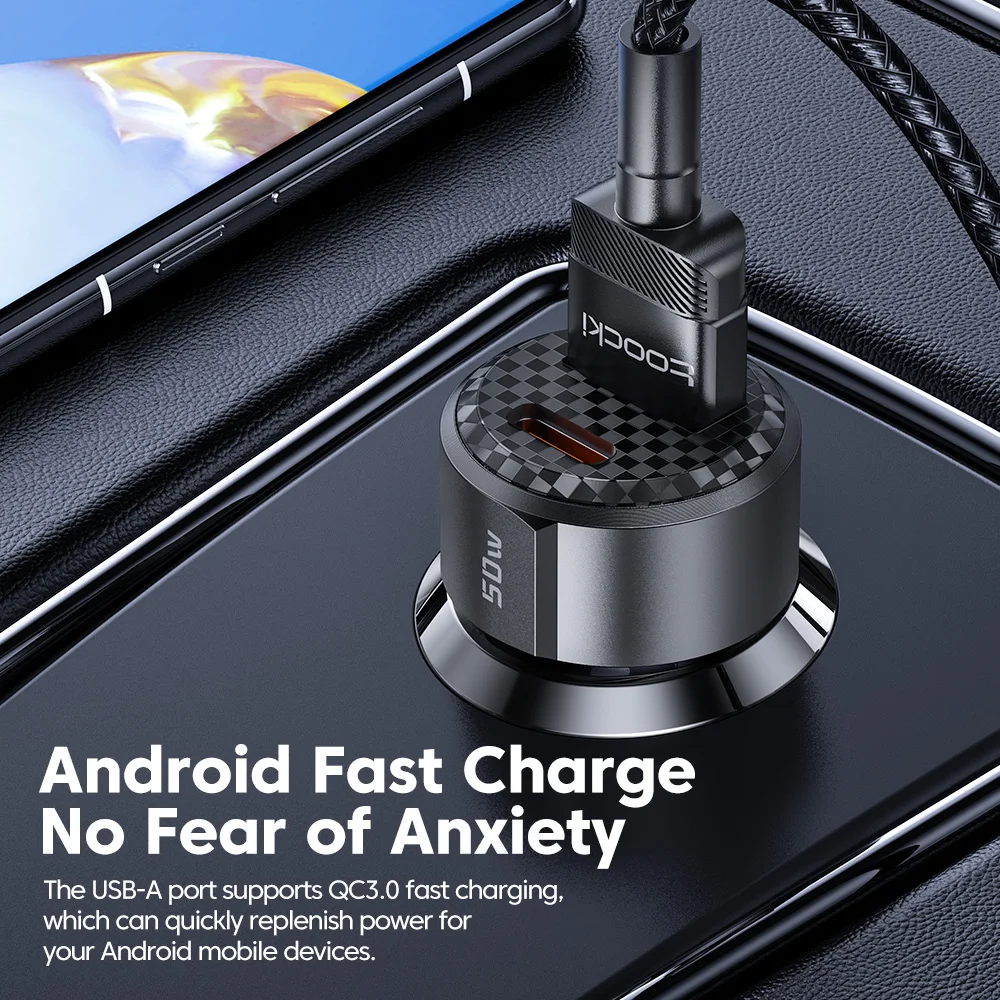 Toocki Car Charger 50W Quick Charge And 60W USB A to Type C Cable for iPhone Xiaomi Poco Samsung S23 Huawei Fast Charging