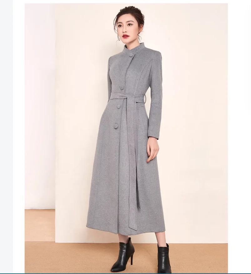 

Winter British style standing collar woolen long coat