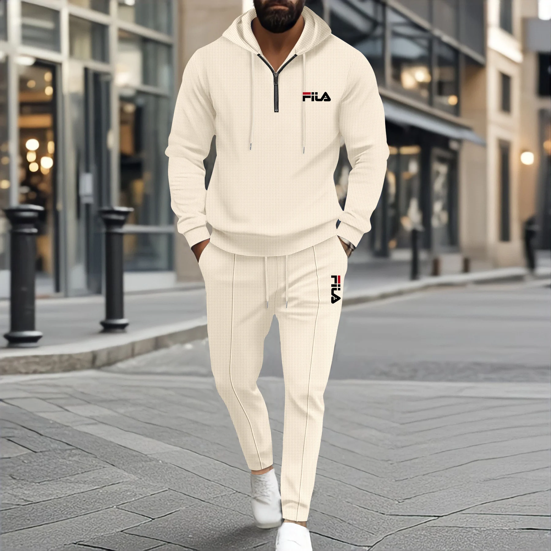 

Men's 2 Piece Waffle Knit Tracksuit Set, Half Zip Hoodie & Slim Fit Drawstring Pants, Casual Urban Streetwear for Daily Commute