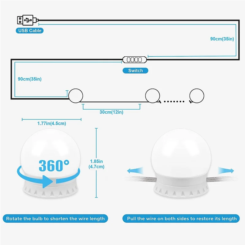 LED Vanity Lights for Mirror, Vanity Lights Stick on with 10 Dimmable Bulbs, USB Cable Mirror Lights for Makeup Dressing