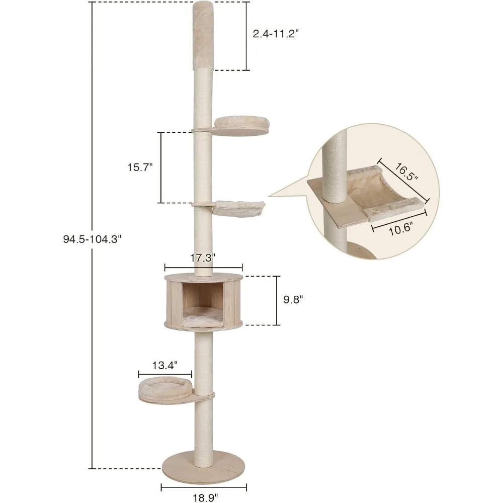 برج القط للسقف للقطط الداخلية ، مركز نشاط التسلق ، أعمدة السيزال المغطاة ، بدون أرجوحة ، 4 منصات ، 6 طبقات