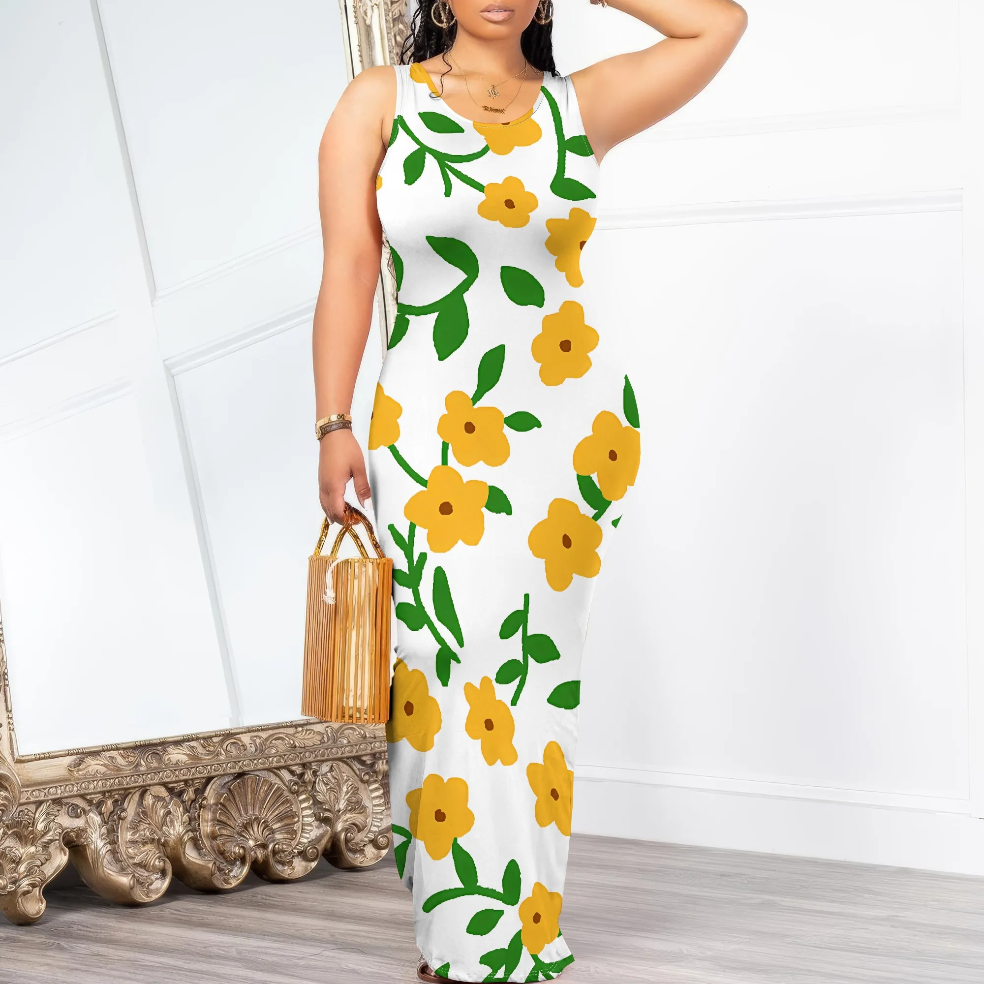

Womens Fashion Sleeveless Loose Sexy Vacation Scoop Neck Dress Print Sleeveless Print Casual Dress