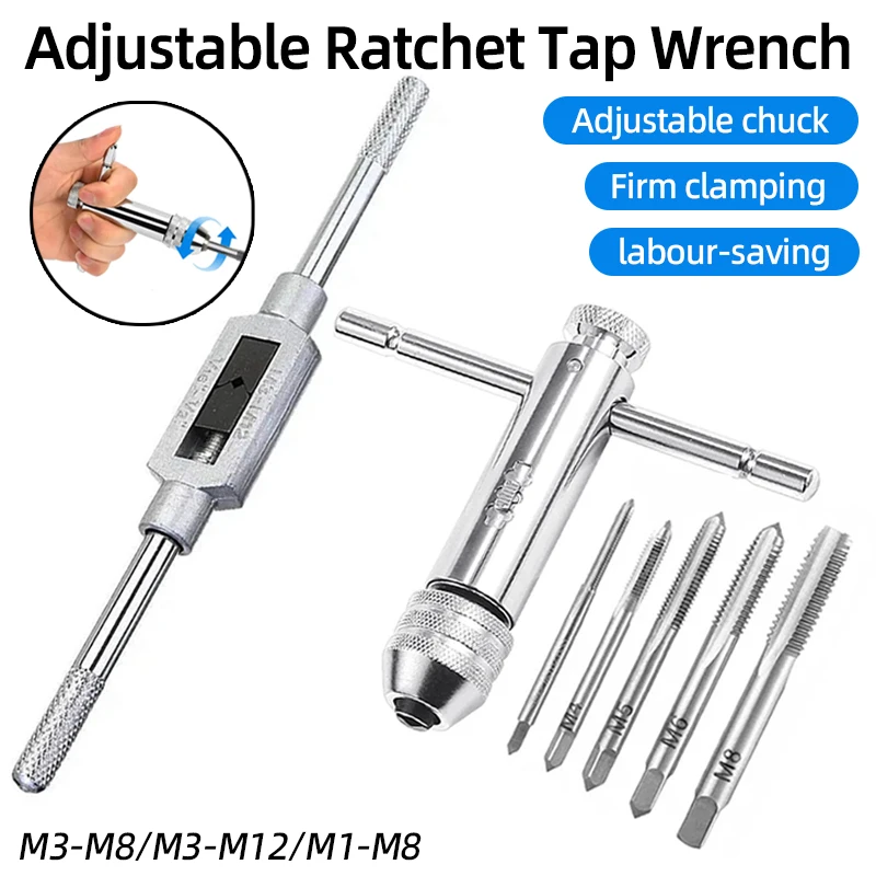 Adjustable M3-M12 T-Handle Ratchet Tap Holder Wrench Tap Wrench Drill Set Hand Tapping Tools Screw Thread Tap Drill Bit