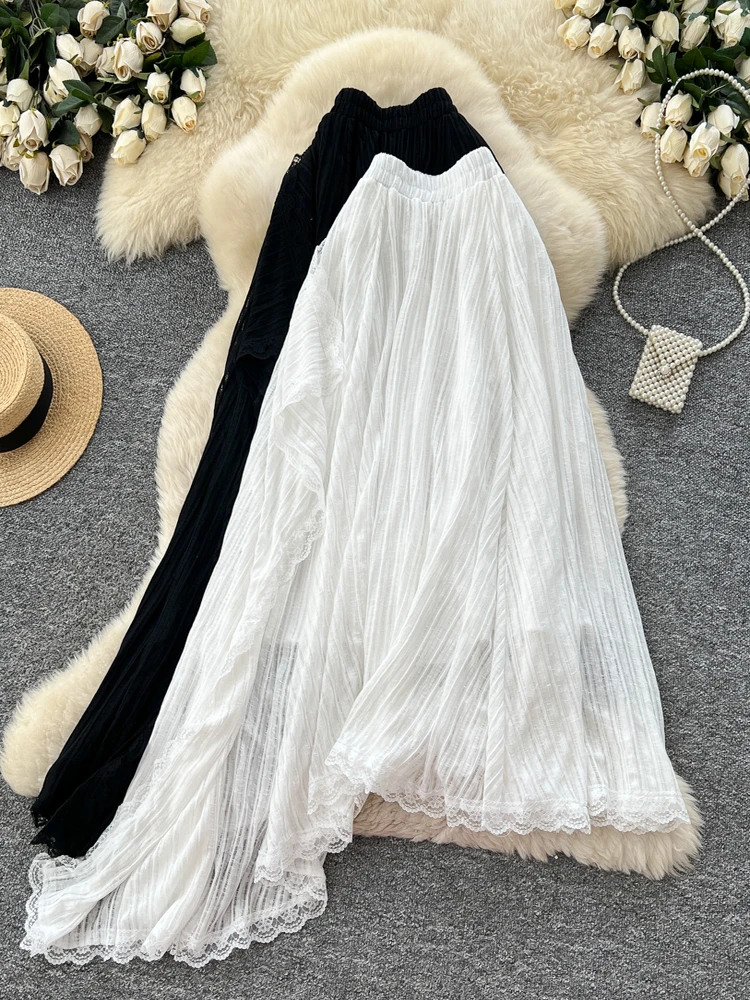 

Ele Sweet Versatile High Waist Midi Skirt Asymmetric Lace Splicing Women's Autumn New Fairy Aosphere f-length Skirt