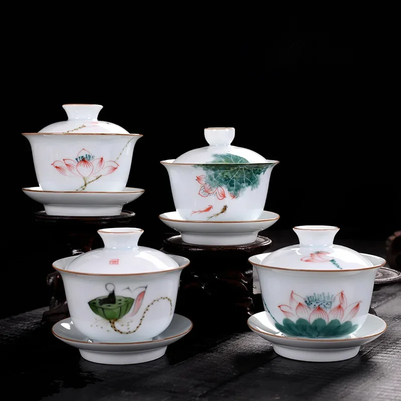 Jingdezhen-Porcelain Tea Set, Ceramic Teacups and Saucers, Handpainted Lotus, Travel, Easy Gaiwan, Porcelain Cup, Tableware