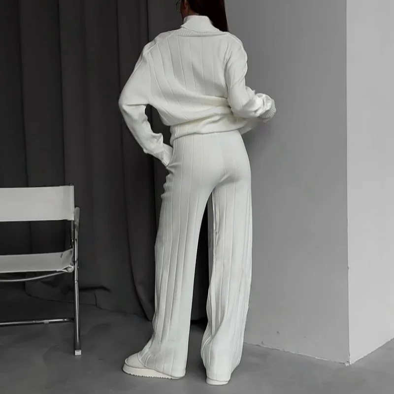 REALEFT 2025 الخريف الشتاء 2 قطع المرأة مجموعات محبوك رياضية الياقة المدورة سترة ومستقيم الركض بانت الدعاوى وتتسابق #5