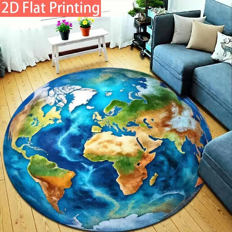 Tapis rond avec carte du monde pour salon, chambre à coucher, éducation géographique, grand tapis, décoration de la maison, tapis antidérapant, tapis 2D