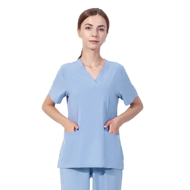 Unisex Verpleegster Uniform Top Dunne Ademende Medische Scrub Top Korte Mouw V-Hals Arts Elastische Werkkleding Spa Uniformen Lab Overalls