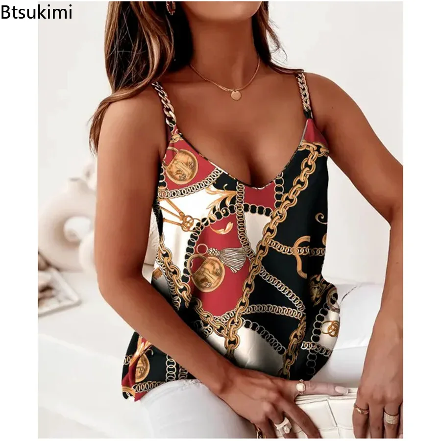 Women Summer Print Shirts All Match Basic Loose Sling Blouse Slim Fit Sleeveless Pullover Blusa Chain Straps Vest Tops Female