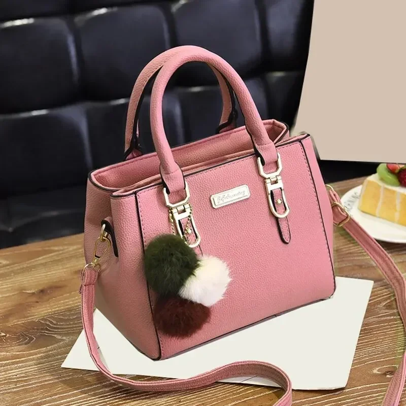 

2025 New Pink Leather Bucket With Hairball Ornaments Women Handbag Vintage Solid Color Top Handle Shoulder Crossbody Bags