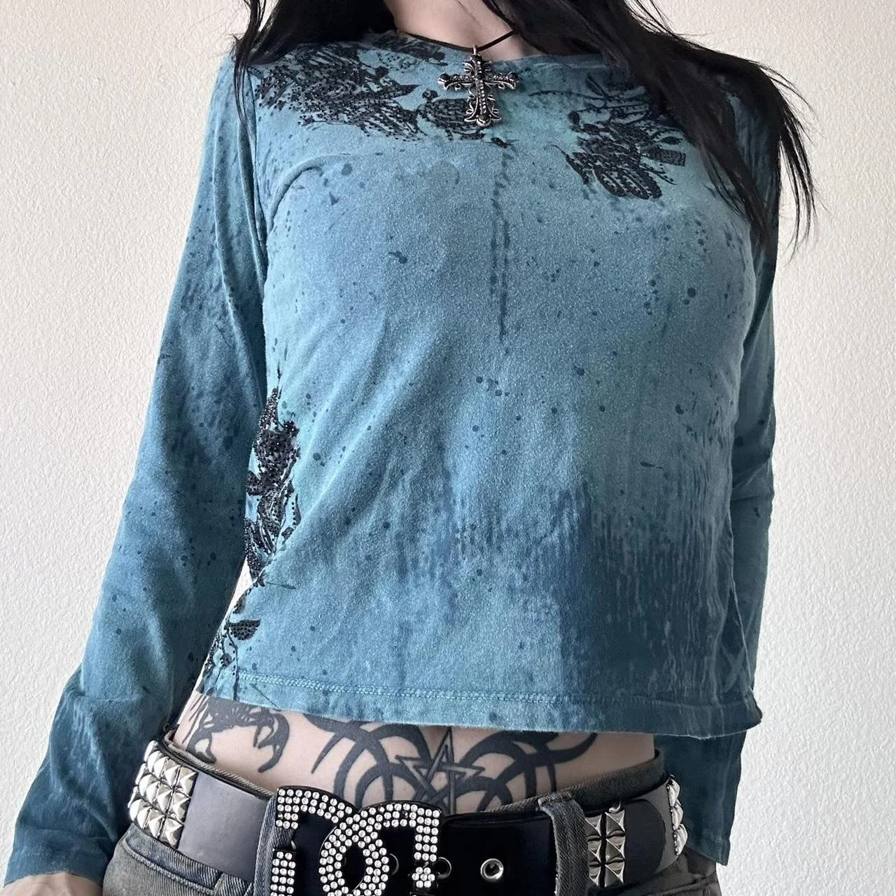 Nuove donne top gotico estetico acuto Retro stampa floreale Bead Decor manica lunga girocollo Grunge t-shirt per l'estate primavera