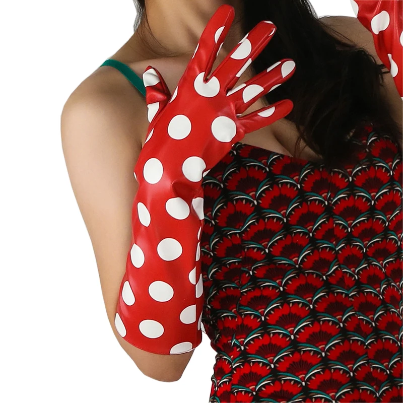 Leather Gloves Female 40cm Faux Sheepskin PU Big Dots Mid-Length Style Women Gloves Red Nightclub Party Cosplay HPU25