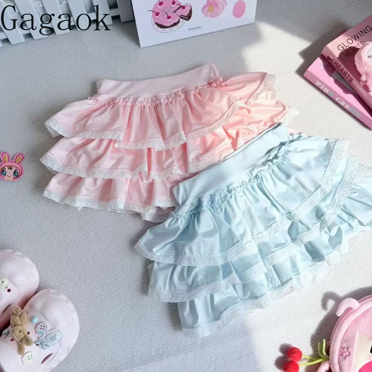 

Gagaok Japan Style Woman Skirt Sweet Kawaii Clothes Cake Skirt 2025 Autumn New Solid Color Lace Fashion High Waist Clothes