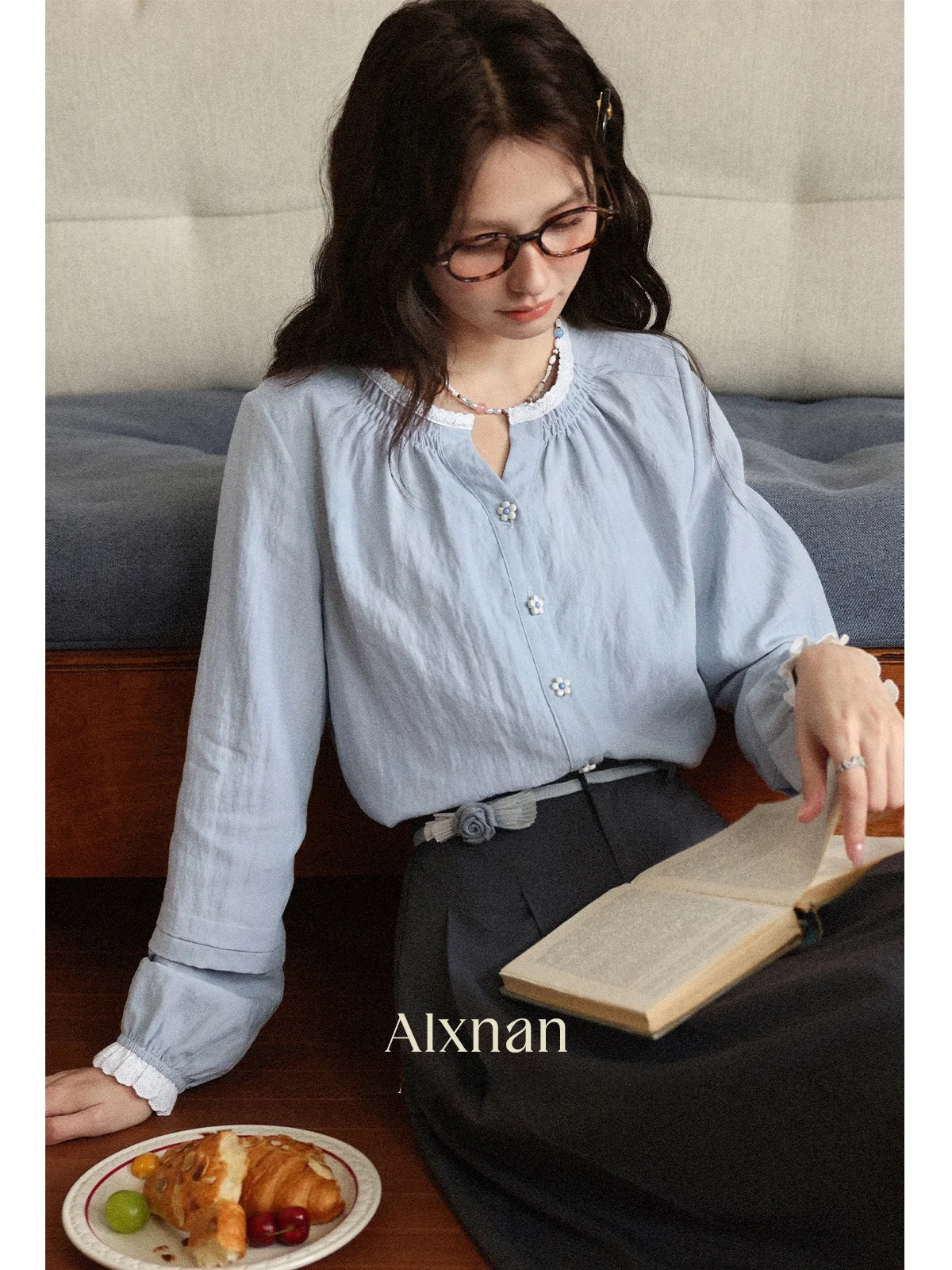 

Женская синяя футболка с длинным рукавом и круглым вырезом, модная, повседневная, дышащая, удобная, свободного кроя, осенняя новинка