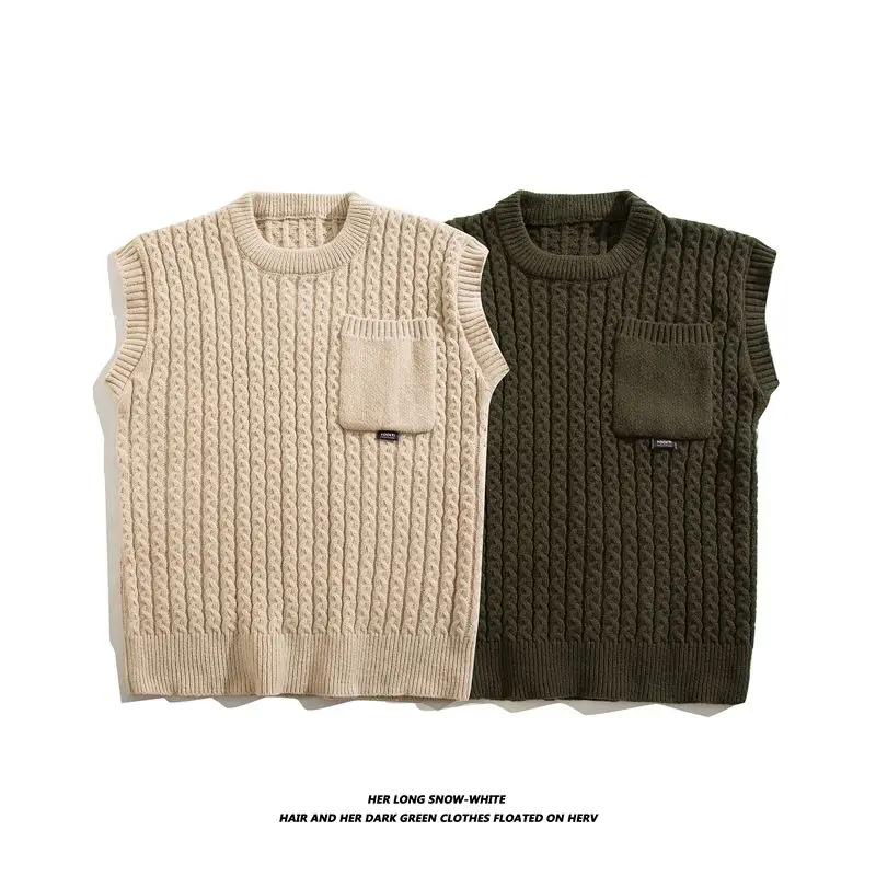 

Retro American Sle Knitted Vest Men's Autumn Winter Twist Color Blo Svel round Ne College Sle Faionable Vest