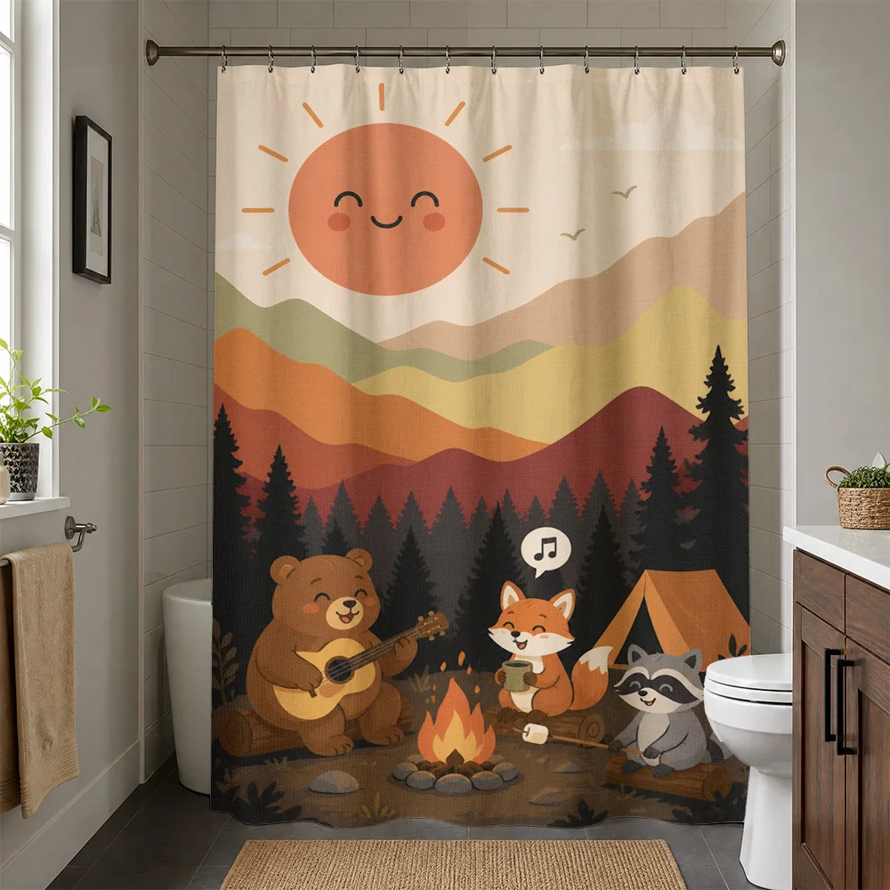 Cute Woodland Animals Camping Shower Curtain Boho Nature Decor for Bathroom Splashproof Water Curtain Liner Forest Family Shower