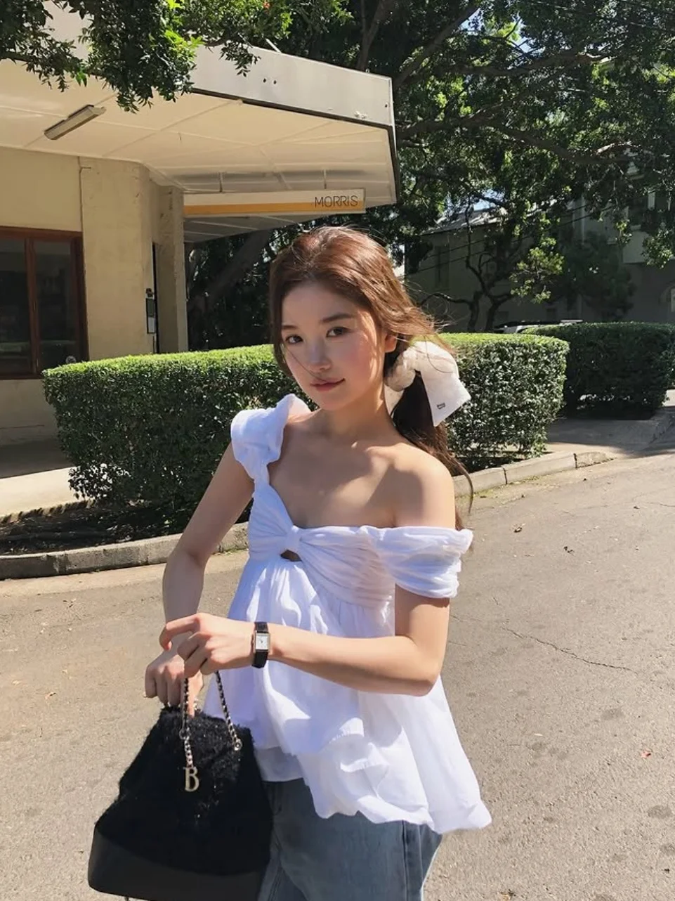 Thebarn*et Spring Knot Strapl oulder Bared irt White Fairy Top Donna Casual Faion Cotton V-ne ort Sl...