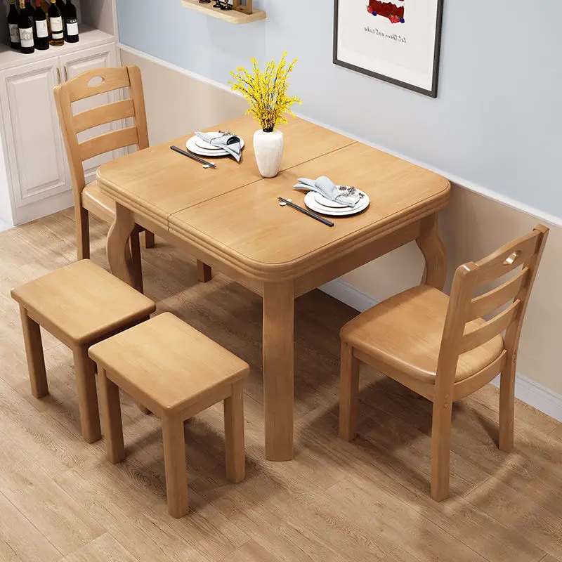 Retractable all-solid wood dining table and chairs for 4 people, modern simple rectangular folding dining table for 6 people,